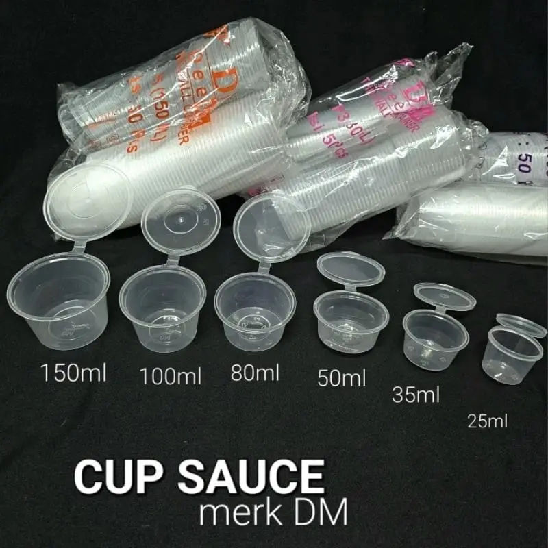 Sauce Container Merk DM UK 35ml 25ml 50ml 80ml 100ml 150ml Tempat Saos Isi50pcs Cup Sambel Klip Tutup Nyambung