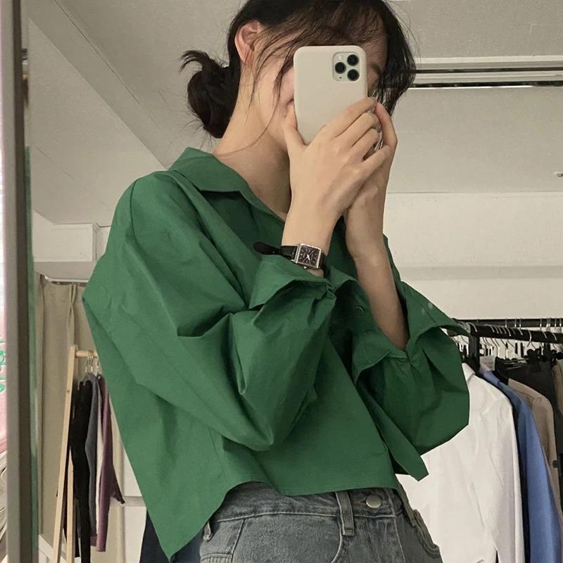 Product Introduction of Fashion Short Shirts Women Korean Chic Loose Solid Color Long Sleeve Crop Tops Female Casual Elegant Button Split Turn Down Collar Blouse 10