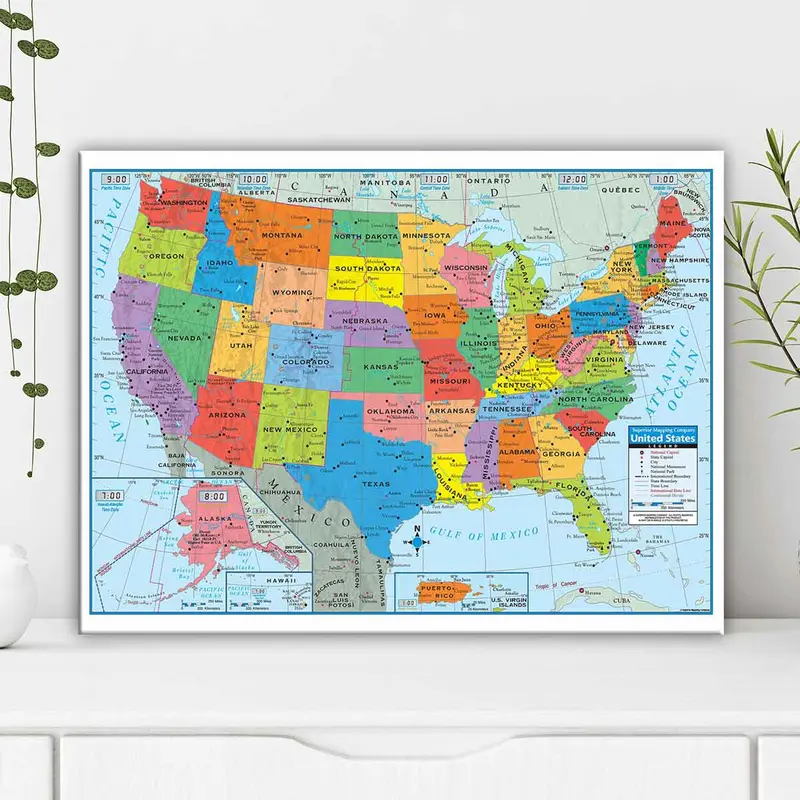 Wooden Framed Canvas Map Of The United States Poster, Modern Art Decoration, Pattern Wall Art Decor, Frame Painting for Living Room, Bedroom, Office, Restaurant Wall Decor 7