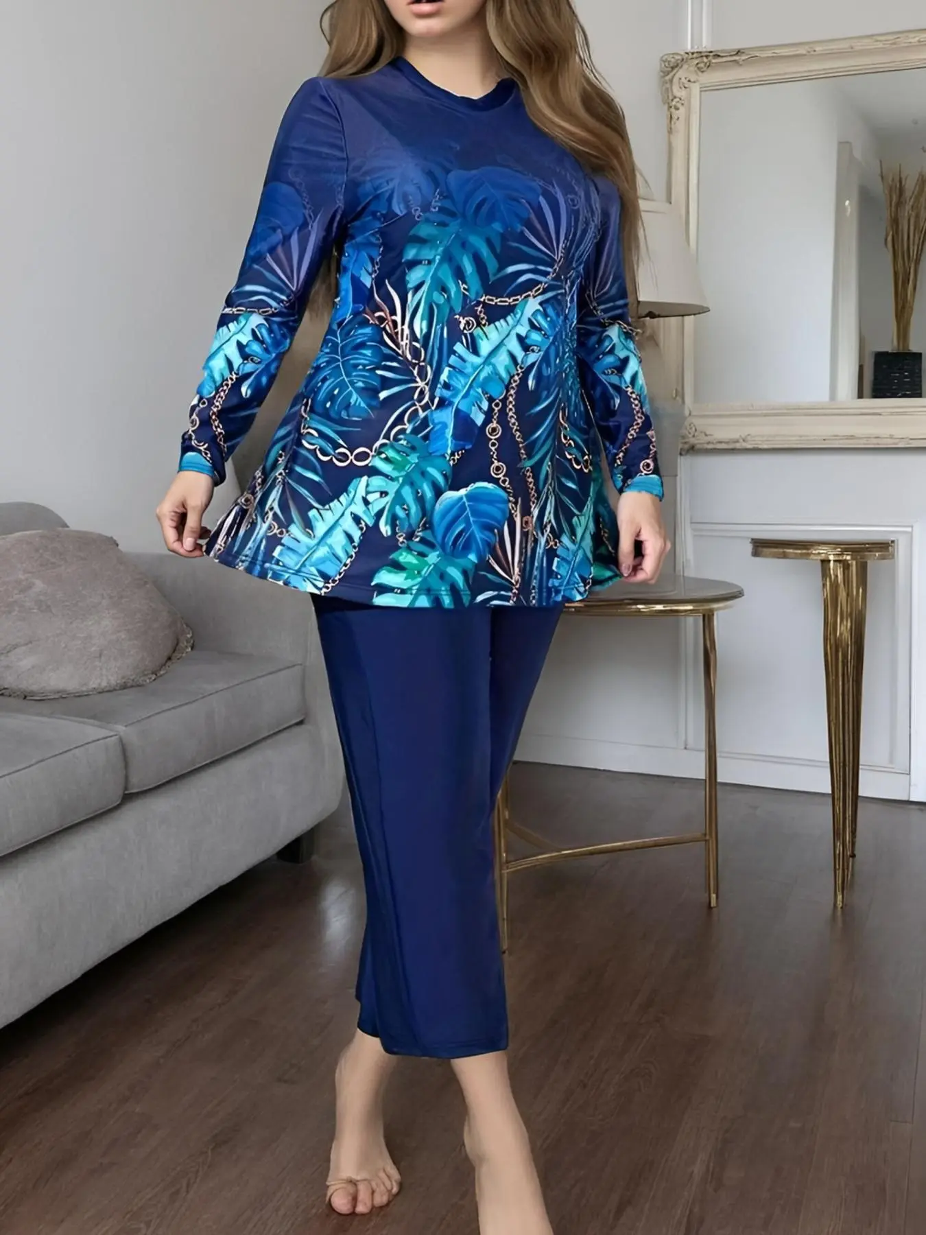 【Plus Size】 Plants Print Top & Pants Set, Casual Long Sleeve Top & Straight Leg Trousers, Women's Spring & Fall Clothes