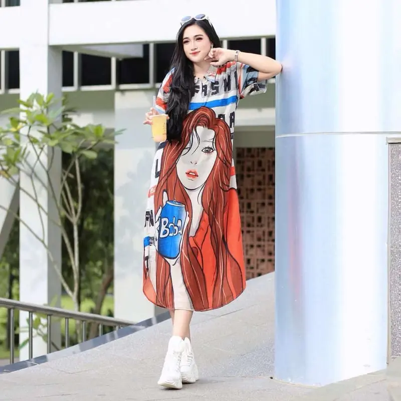 Paket Hemat 2 Pcs Daster Shopia Krah Zipper Bahan Rayon Adem Motif Bumil Pendek Wanita - Panjang, Kancing, Dress 2