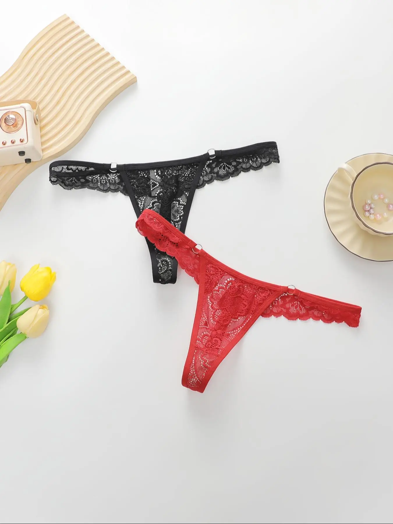 Women's 2pcs Floral Lace Sheer Thong, Breathable Comfy Quick Drying O-Ring Design Knickers for Daily Wear, Ladies Underwear for All Seasons