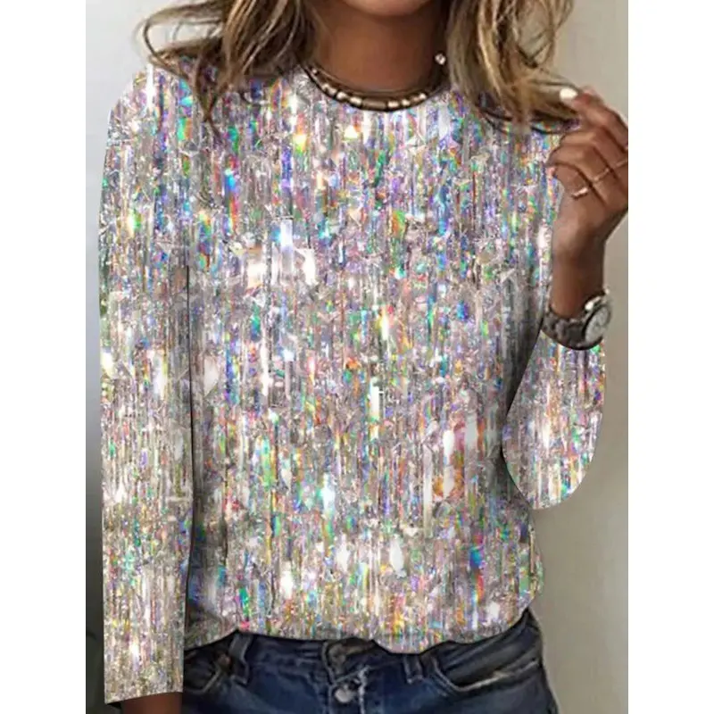 Top T-shirt Autumn/Winter new exquisite 3D flash print o collar long sleeve pullover elegant women's casual 5xl shirt