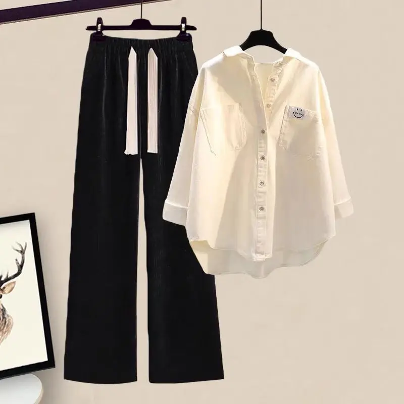 Long-Sleeved Women Blouse+Casual Pants 2 Pcs Set Korean Version white Blouse Perempuan Kameja Cotton Muslim baju fesyen lengan panjang lapel longgar Casual Fashion