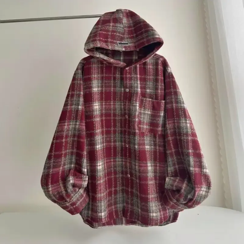 Áo Sơ Mi Áo Chống Nắng Flannel Tay Dài Caro Có Nón Tag Dessuu Form Nam Nữ (Nỉ Dạ) Menswear Shirt   áo  & áo choàng Nhung áo khoác bing 5
