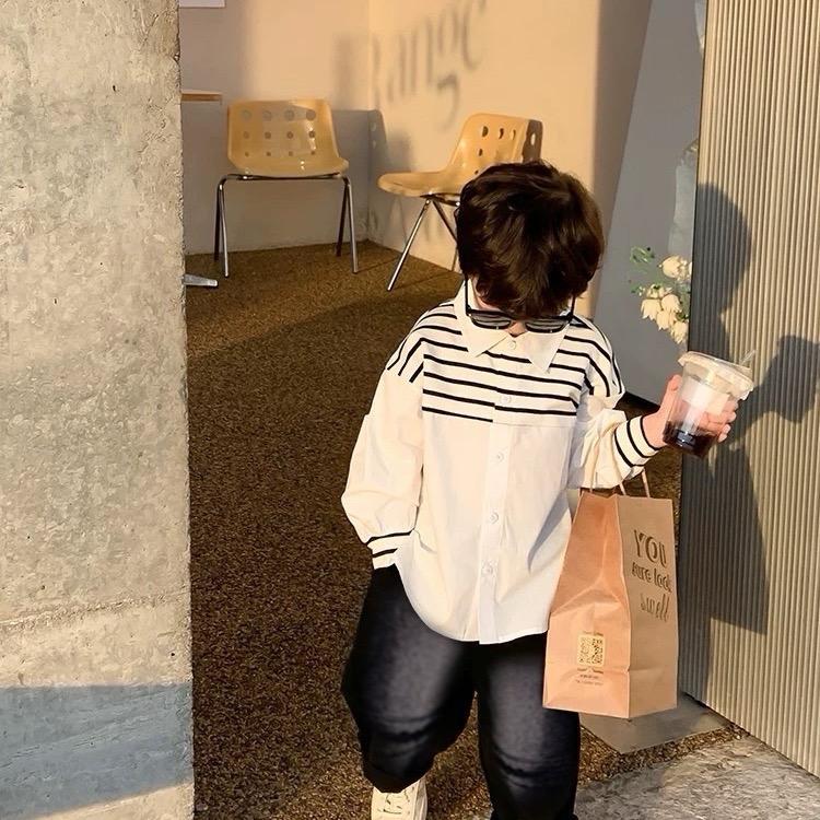 8-30 kg Bộ quần áo sơmi trắng phối kẻ ngang dài tay - quần jean Nam