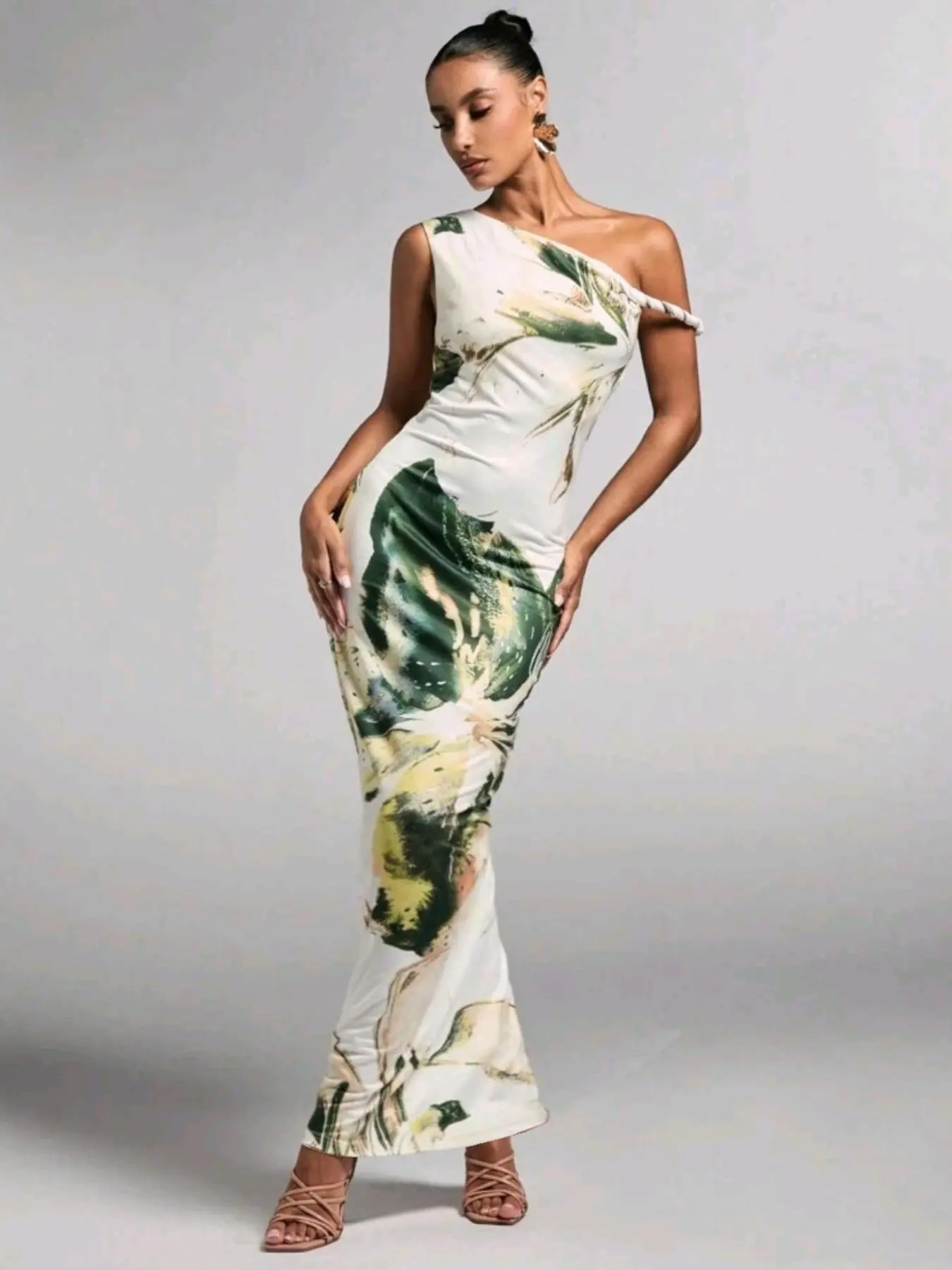 Women's All Over Print  Asymmetrical Neck Dress, Elegant Long Dress for Party Holiday Wedding Guest, Ladies Summer Clothes