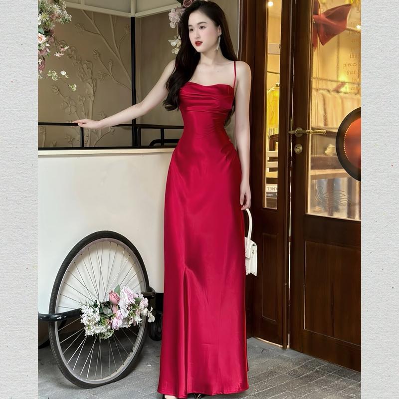 Váy Lụa Dự Tiệc 2 DÂY Cổ Vuông Xếp Li Dáng Dài XẺ TÀ  Chất Lụa Mềm Mịn Phong Cách Sang Trọng Dành Cho Nữ - TV208 Dress Women Sen Nhung Voi