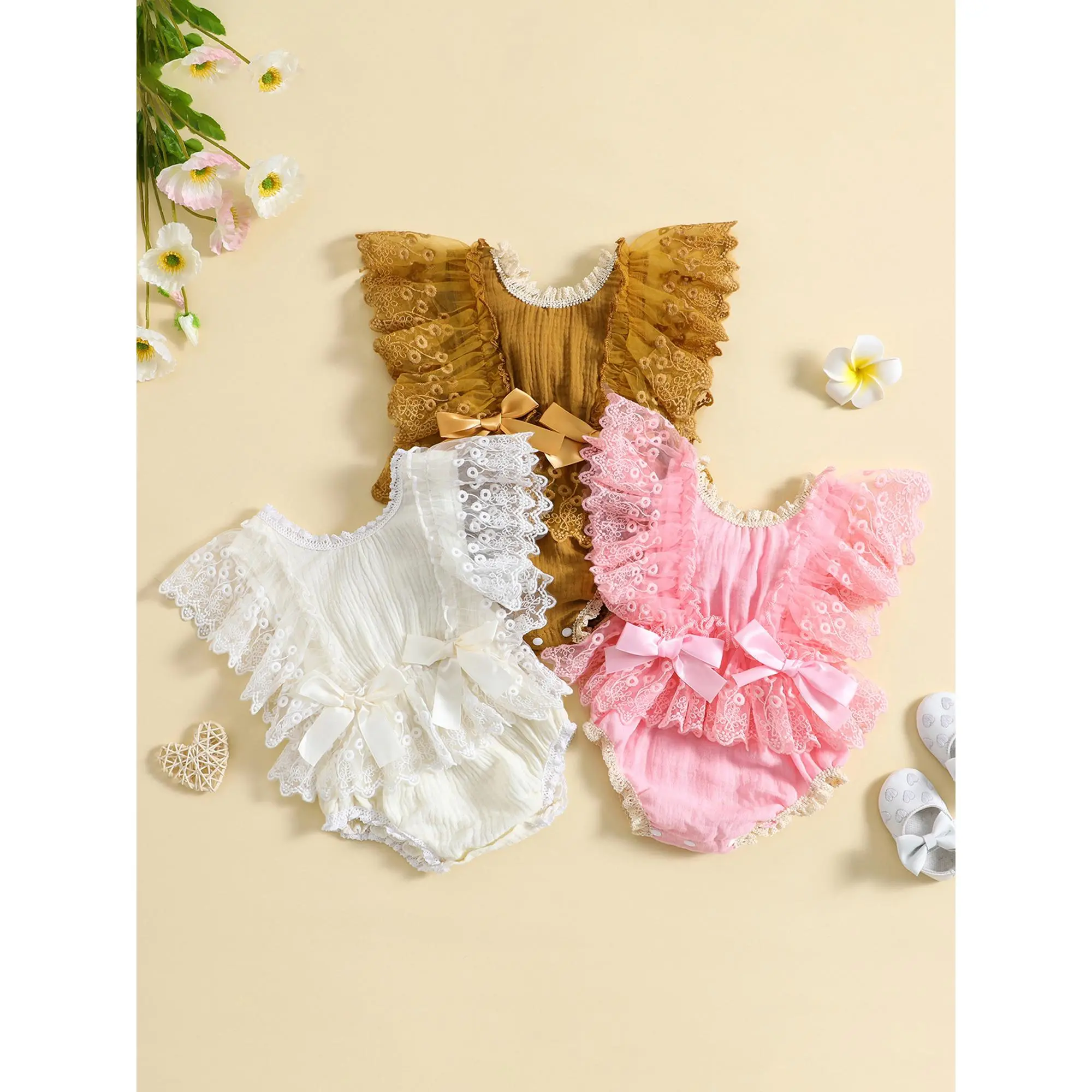 Áo Jumpsuit Quần Ren Hoa Dễ Thương Cho Em Bé Gái Trẻ Sơ Sinh Trang Phục Thường Ngày Mùa Hè Có Nơ Xếp Nếp Tay Bay, áo liền quần Cho Trẻ Mới Biết Đi Thích Hợp Cho 0, 3, 6, 12, 18 Tháng Tuổi