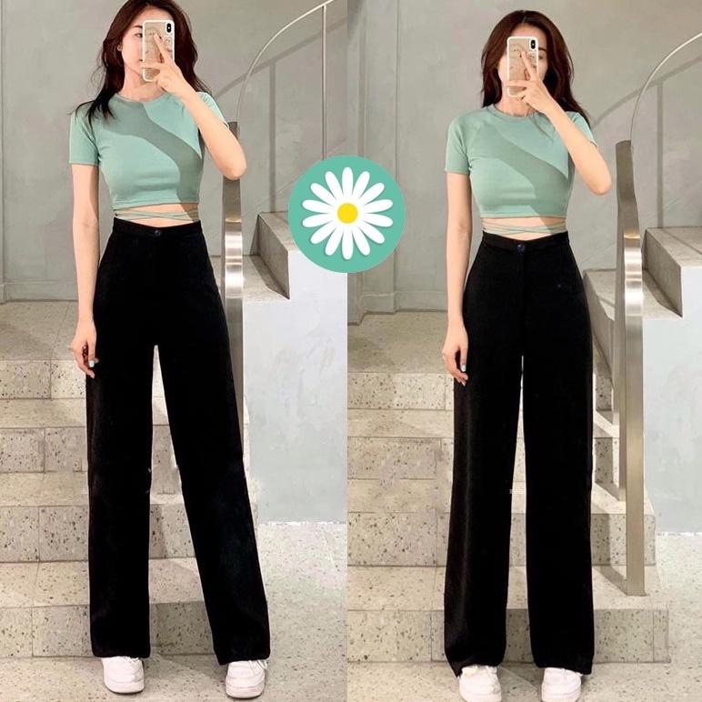 Quần ống suông rộng nữ culottes lưng cao khóa trước vải tuyết mưa mềm phối áo sơ mi cộc tay đi học sinh làm công sở Pants Jean Ong Women