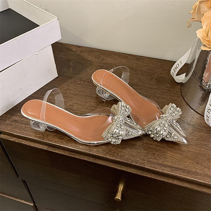 Chị Đẹp Store - [Form 1.5] Guốc cao gót quai trong Mika Đính Nơ Đá Có Hậu Kín Mũi gót trong 1cm-4cm-7cm mã B119- B120- B128 Shoes Nữ