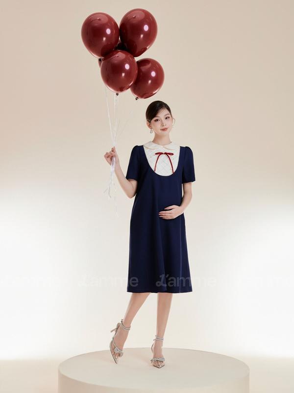 [L'AMME] Váy bầu Đầm Bầu RUBIE Dress thiết kế cổ phối nơ đính ngọc, kiểu dáng thanh lịch, sang trọng, nữ tính, chất liệu chéo hàn cao cấp phù hợp đi tiệc, đi làm BY L'AMME Women