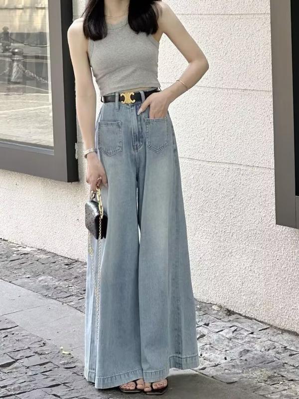 Product Introduction of Tiktok Shop-Large Size Super Wide Leg Denim Culotte Women's Summer New Loose High Waist Slimming Design Light Color Bell-Bottoms Tide Jeans Lingerie Lady Pants Trouser Streetwear Basic Minimalist Comfort 2