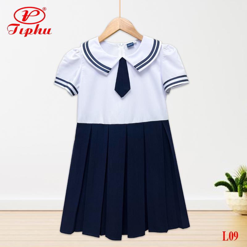 Đầm học sinh cấp 1, cổ viền lính thủy dễ thương, đồng phục bé gái tay phồng, dây cột nơ phía sau, có size lớn đến 60kg