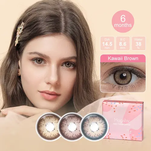 【NEW Kính Áp Tròng Magister KAWAII 0~6.00 Kawaii Brown Kính Áp Tròng Cận DIA 14.5mm 6 Tháng Lens Mắt Màu 1 Cặp 2 Lens Tặng Khay Gương