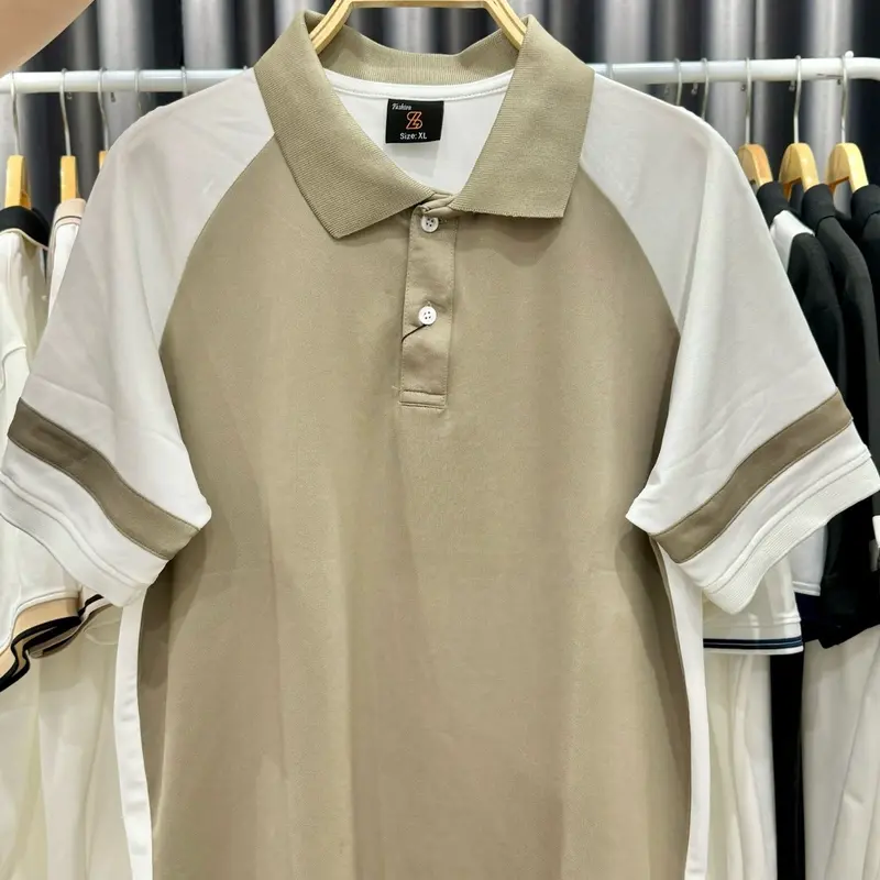 HAIPO082/92- Áo Polo nam raglan nâu rêu/ nâu cà phê/ trắng/ đen, tay sọc, vải poly cá sấu, co dãn 4 chiều 4