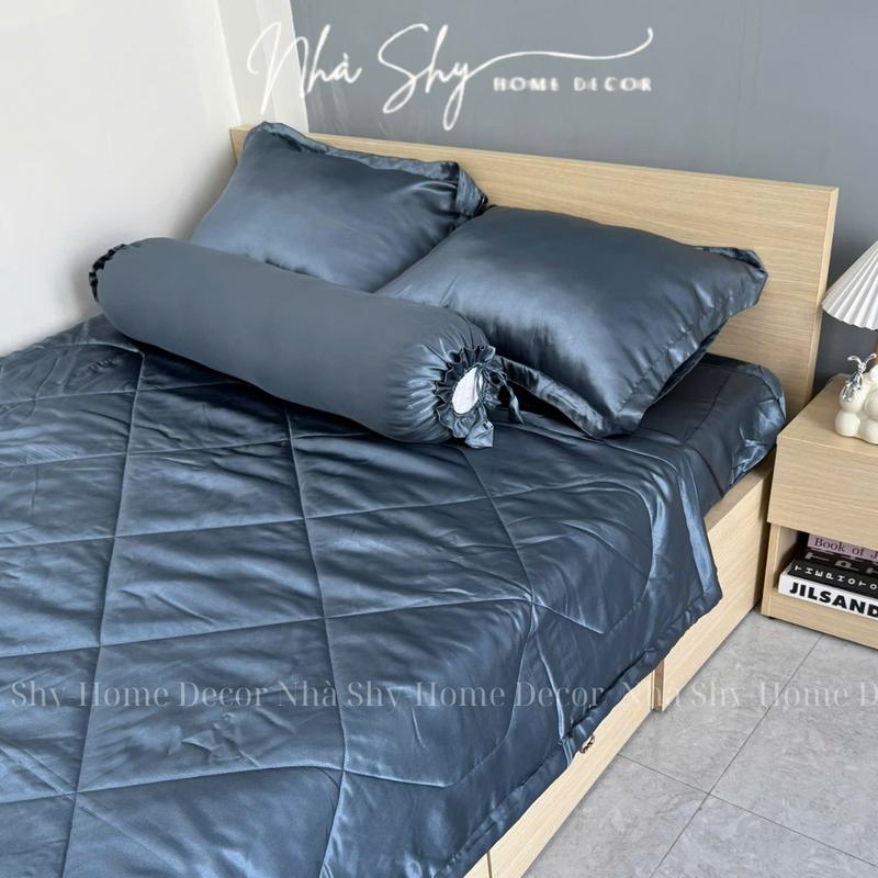  Bộ Chăn Gra Phi Lụa 5 Món Màu Xanh Đá - Set 4 món không mền  set 5 món có mền 