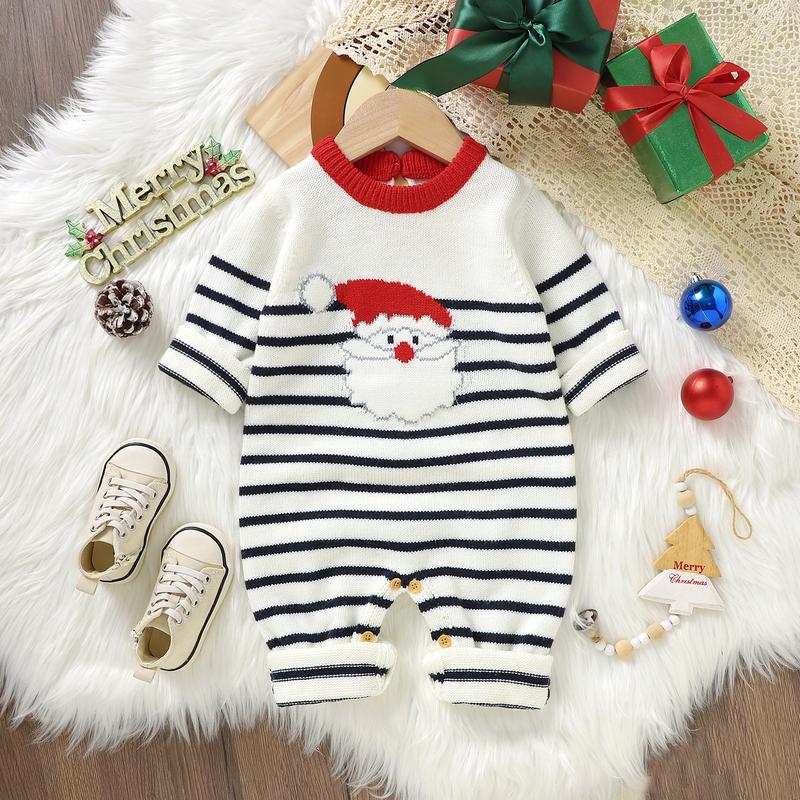 Baby Christmas Romper Striped Long Sleeve Santa Print Jumpsuit 0