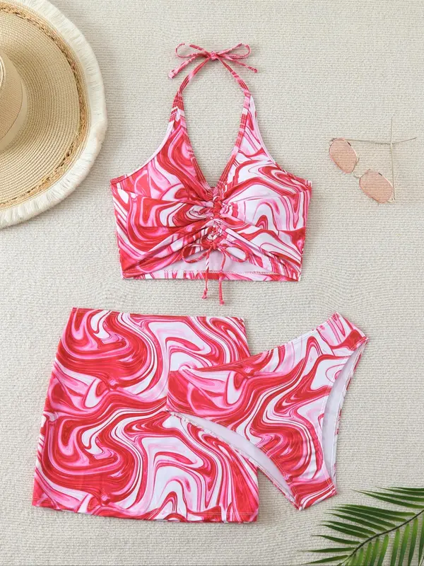 Women's Marble Print Tankini Set, Casual Sleeveless Swim Top & Swim Bottom & Cover Up Skirt Set, Ladies Swimsuit for Beach Holiday Vacation 3