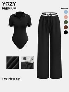 YOZY Women's Contrast Binding Bodysuit & Drawstring Waist Zipper Pants Two-piece Set, Casual Short Sleeve Collared Bodysuit & Wide Leg Trousers for Daily Wear, Ladies Two-piece Outfits for All Seasons, Womenswear