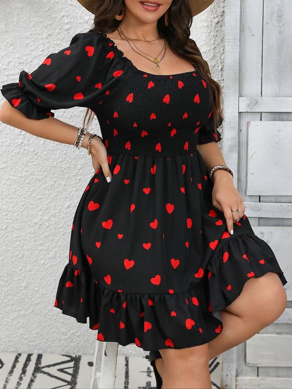 Plus Size Heart Print Ruffle Hem Shirred Dress, Casual Flounce Sleeve Square Neck A Line Dress, Women's Clothes for Summer, Summer Dresses 2025, Womenswear 4