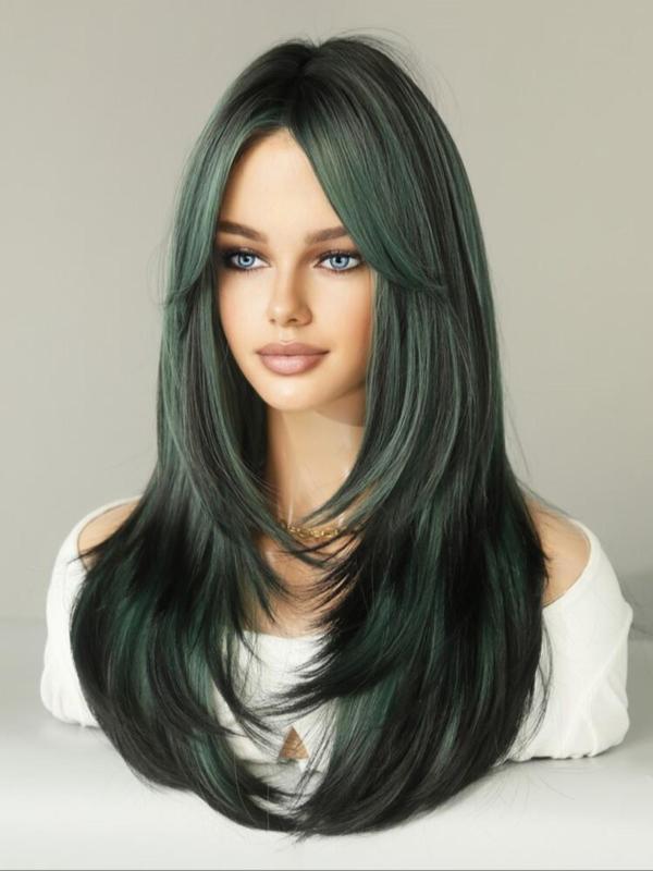 24 Inch Green Gradient Color Long Layered Wigs for Women, Striking Natural Fluffy Hair Wigs with Curtain Bangs, Synthetic Hair Wigs for Party, Daily Use 8