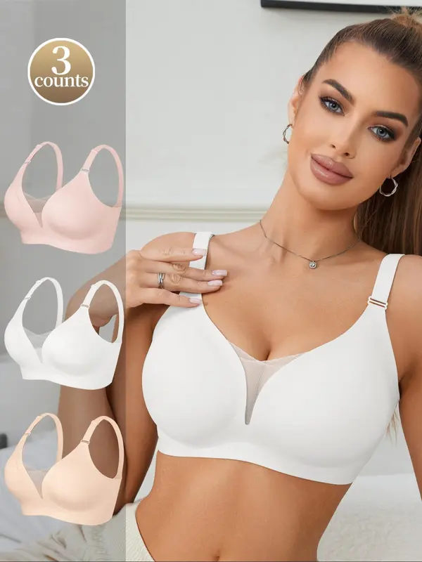 Women's Solid Color Mesh Patchwork Seamless Wireless Bra, Casual Comfortable Breathable Adjustable Strap Anti-Sagging Full Coverage Bra, Lingerie for All Seasons 7