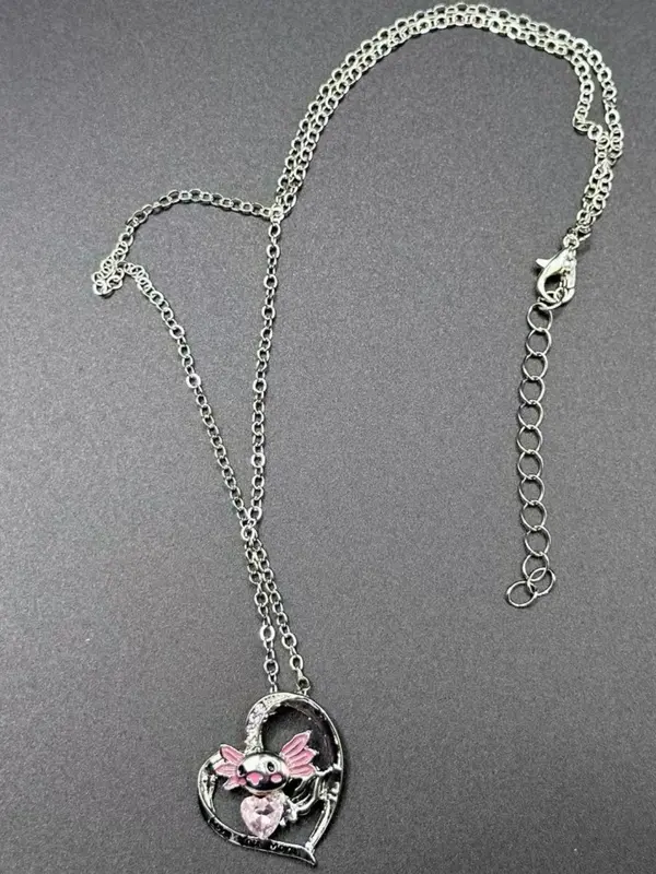 Cute Cartoon Axolotl & Heart Rhinestone Pendant Necklace for Kids, Hollow Out Heart Letters Print Necklace, Fashion Jewelry for Party, Daily Clothing Decor, Trendy All-match & Exquisite Jewelry for Kids' Birthday Gifts, Valentine's Day, Gift 5