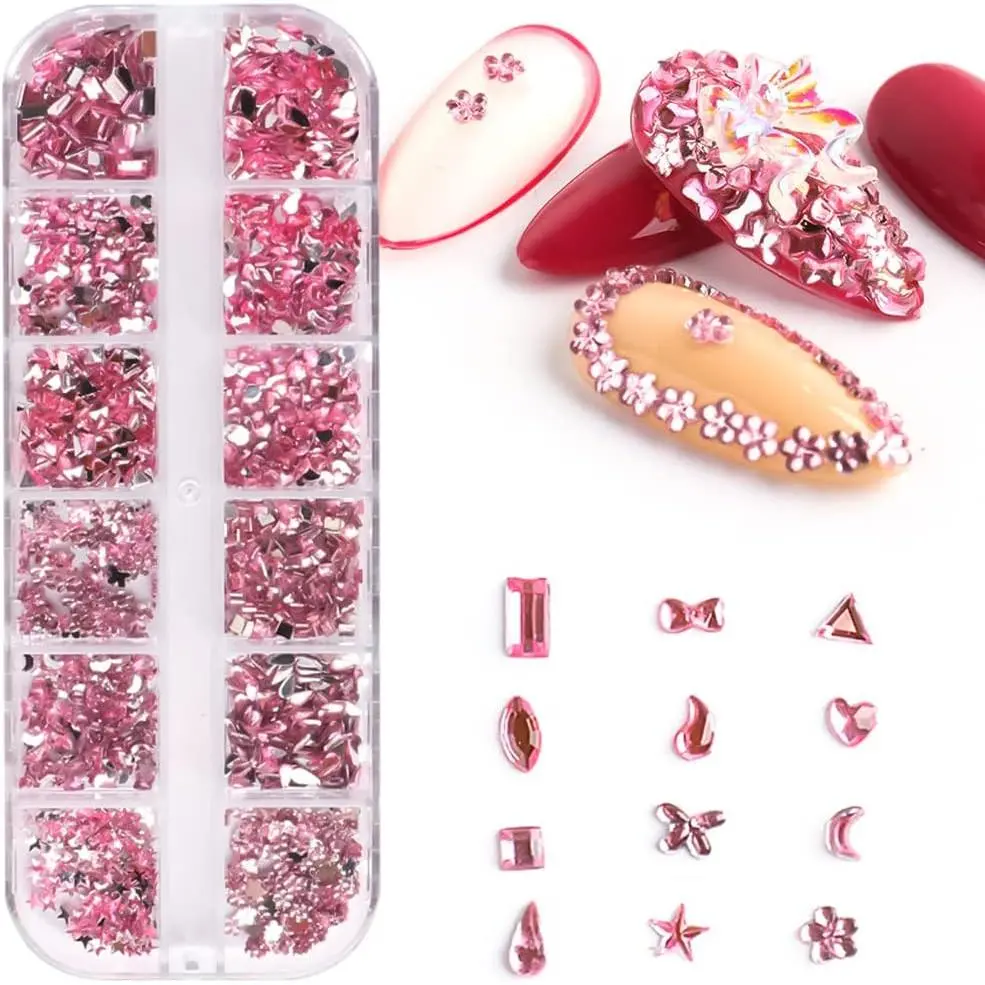 Kim Cương Giả Làm Đẹp Móng Tay Màu Hồng, 3D, Đá Quý Và Đính Đá Nghệ Thuật Sáng Bóng, Kim Cương Giả Kim Cương đáy phẳng màu hồng pha lê Nhiều Hình Dạng, Thích Hợp Để Thiết Kế Móng Tay, Đồ Thủ Công Tự Làm