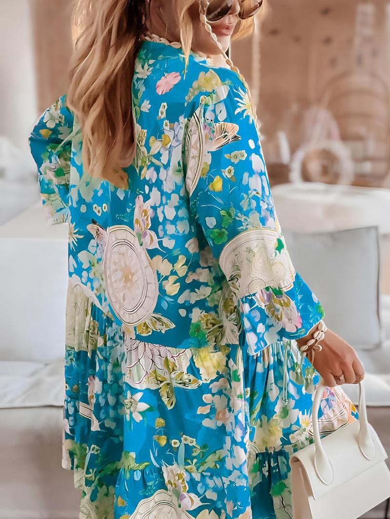 Product Introduction of Women's Floral Print Button Front Dress, Boho 3/4 Sleeve Short Dress for Summer, Ladies Clothes for Beach Holiday Vacation, Holiday Dresses 4