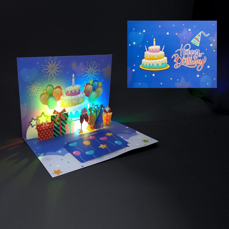 Product Introduction of 3D Birthday Music and Lighting Greeting Card Box, 1 Count Happy Bithday Music Greeting Card with Envelope and Message Card, Surprise Birthday Gift 3