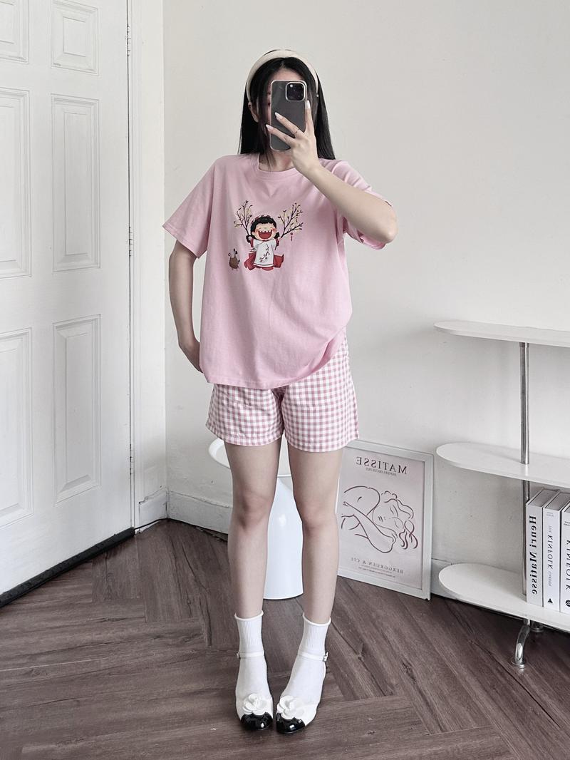 Product Introduction of Set Đồ Bộ Nữ Ngắn, Đồ Bộ Áo Thun Nữ Ngắn Tay, Quần Đùi Caro Lưng thun Thời Trang Menina 6
