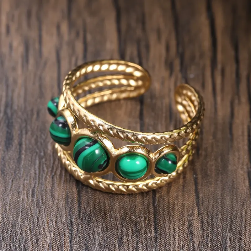 One Women Bohemian Simple Wide Face Geometric Inlaid Green Stone Open 304 Stainless Steel Ring Wide Face Hollow Design Suitable for Daily Prom Banquet Music Festival Holiday Jewelry Accessories Gifts 3