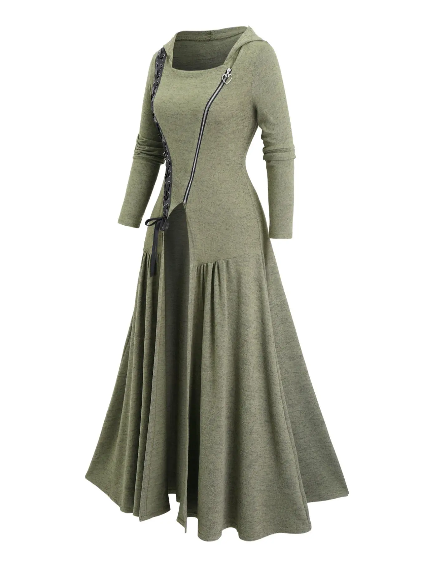 Women's Plain Lace Up Zipper Hooded Dress, Casual Long Sleeve Dress for Daily Outdoor Wear, Women Dresses for Fall & Winter
