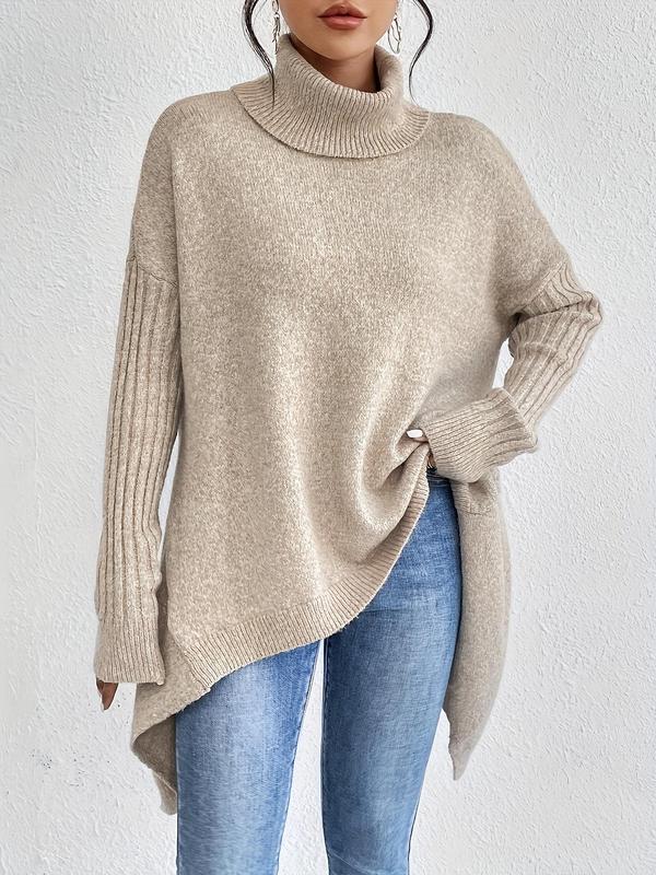Women's Plain Asymmetrical Hem Turtleneck Sweater, Casual Long Sleeve Drop Shoulder Jumper for Fall & Winter, Women's Knitwear for Daily Wear 2