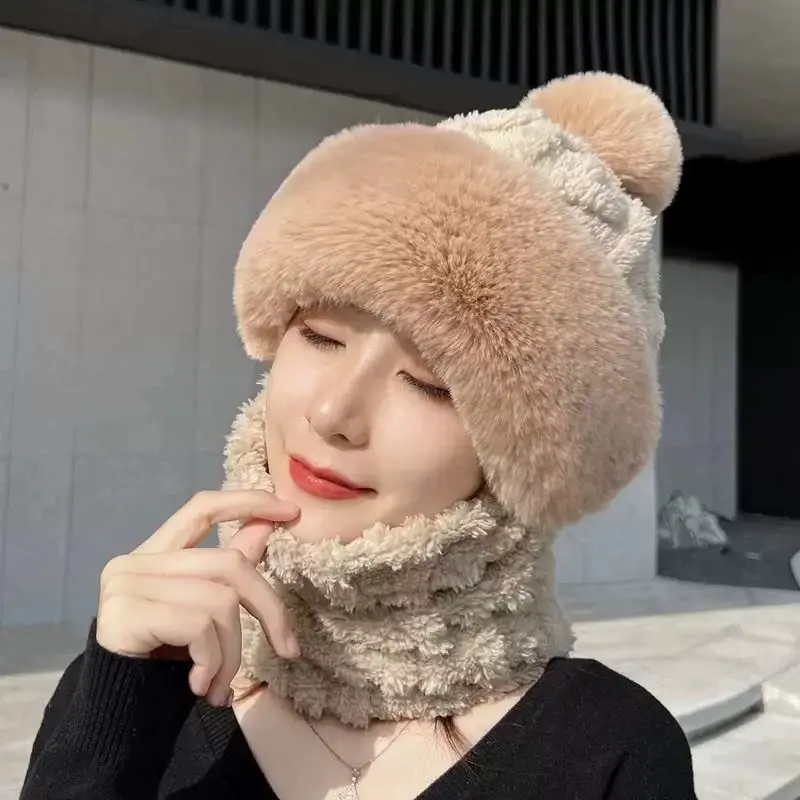 Mũ len nữ lông cừu trùm đầu mùa đông kèm khăn quàng cổ dễ thương phong cách trẻ trung - Women Cap Voan Voi