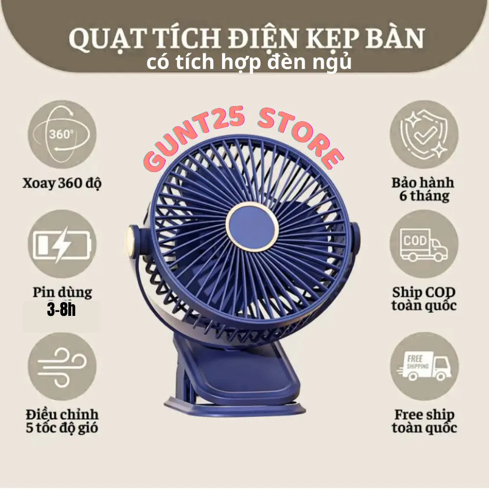 [Hàng Loại 1] 5 Tốc Độ Gió-(Size 15cm) Quạt Kẹp Bàn Tích Điện Đa Năng-Có Dây Sạc Đi Kèm Quạt Điện xoay 360