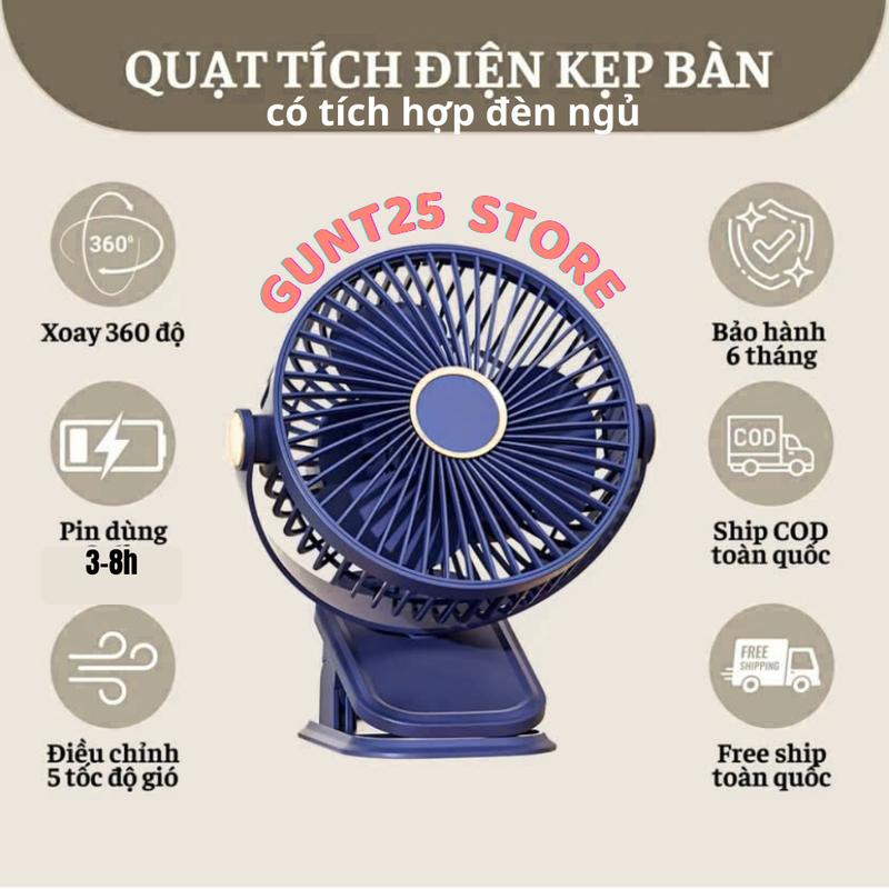 Hàng Loại 1 Quạt Kẹp Bàn 5Chế Độ Gió- 15cm Tích Điện Đa Năng - Có Dây Sạc Đi Kèm Quạt Điện xoay 360