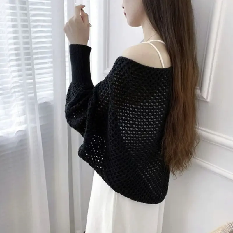 Áo Cardigan Dệt Kim, Phong Cách Thường Ngày Ngoại Cỡ, Thiết Kế Khoét Lỗ Dáng Rộng Vừa Vặn, Áo Đan Móc, Thích Hợp Đi Biển, Áo Crop Top Mỏng, Chống Nắng, Khăn Choàng Chống Nắng Dệt Kim, Lý Tưởng Cho Kỳ Nghỉ 5