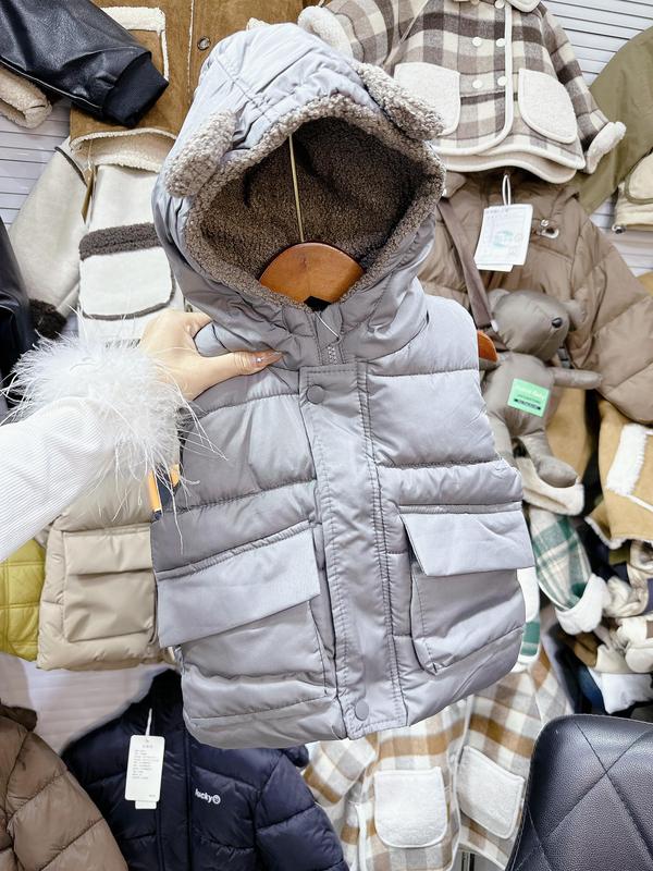 [GẠO.BABY] Áo gile phao tai gấu màu ghi lót lông siêu ấm cho bé