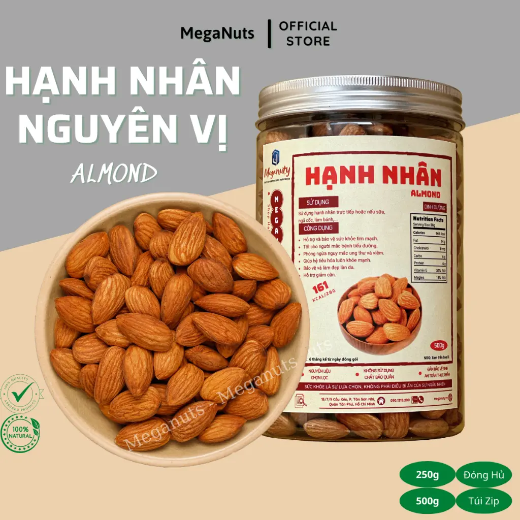 Hạt Hạnh Nhân Sấy Chín Nguyên Vị Meganuty 500gr thơm ngon hàng Nhập Khẩu