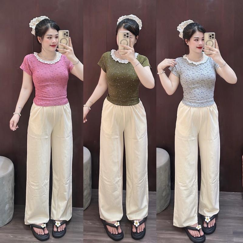 Set bộ áo thun tăm phối ren cổ ngắn tay . Quần đũi màu kem lưng thun dáng suông có túi Women Nữ cà phê không bao gồm thắt lưng cỡ lớn cộng 【set blue khỏe mạnh chỉ giặt tay đỏ nâu