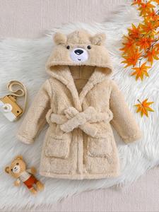 Toddler Boy's Cartoon Bear Design Belted Wrap Lounge Robe, Casual Long Sleeve Pocket Hooded Plush Robe, Kids Sleepwear for Fall & Winter