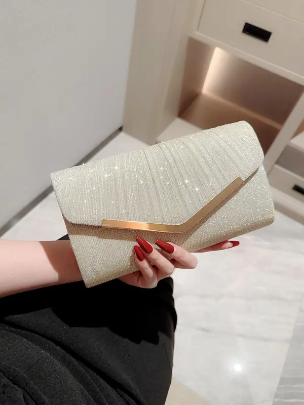 Elegant Solid Color Metal Bar Decor Glittery Flap Clutch With Chain Strap, Women's Evening Bags For Party Wedding 0