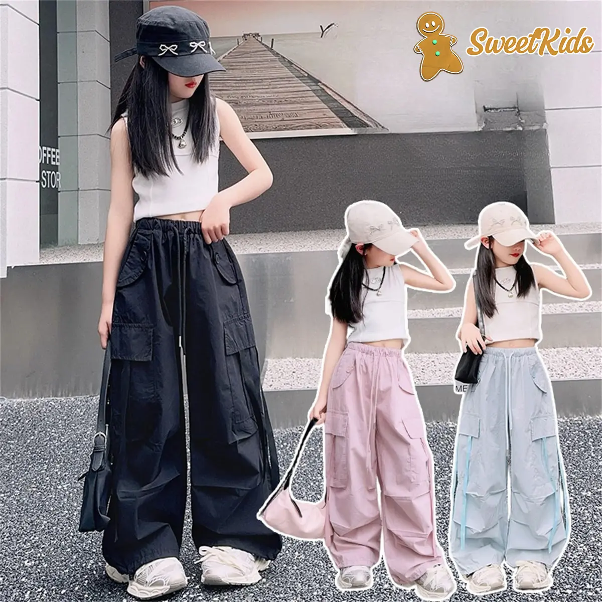 SweetKids พร้อมส่งจากกทม กางเกงคาร์โก้เด็กกางเกงขากว้าง ขายาว ฮิปฮอป แฟชั่น ลำลองบางหลวม สไตล์เกาหลี ฤดูร้อน