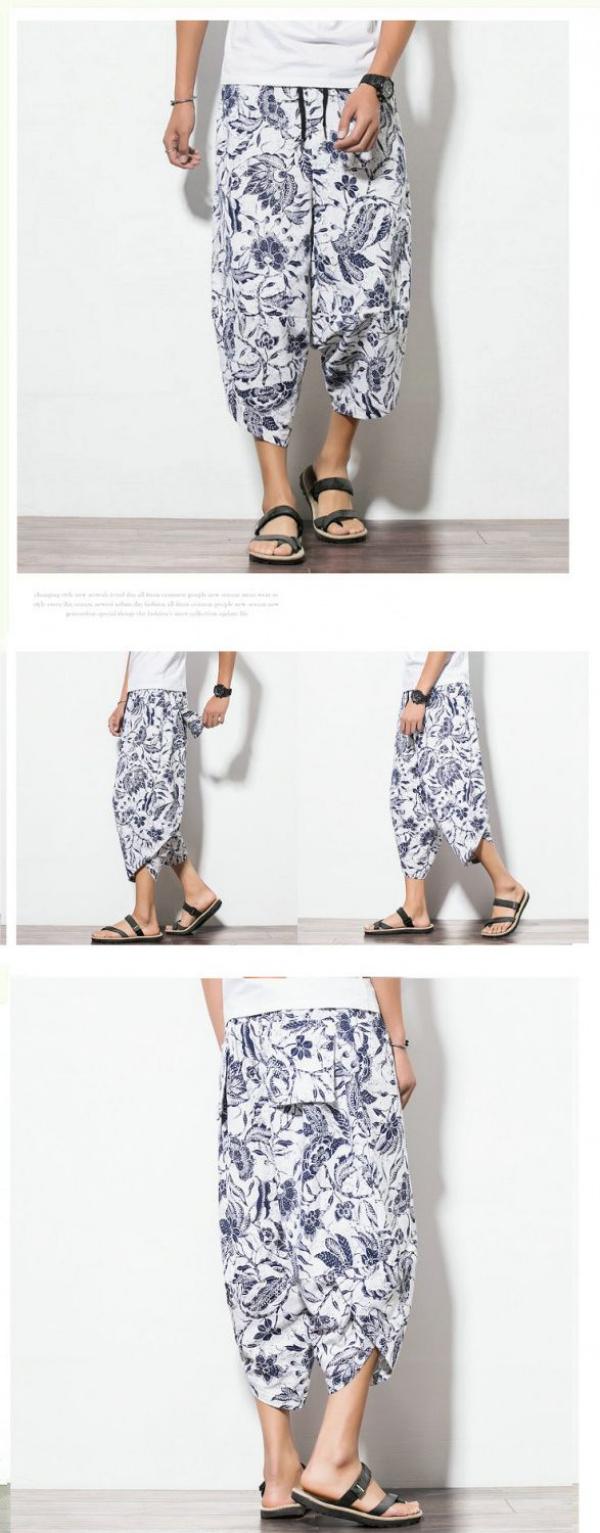 Product Introduction of Wind Cotton Linen Harem Pants Summer Beach Cropped Pants Men's Loose plus Size Bloomers Wind Flower Pants Trendy sweat  shorts jorts  pants linen  shorts  men 12