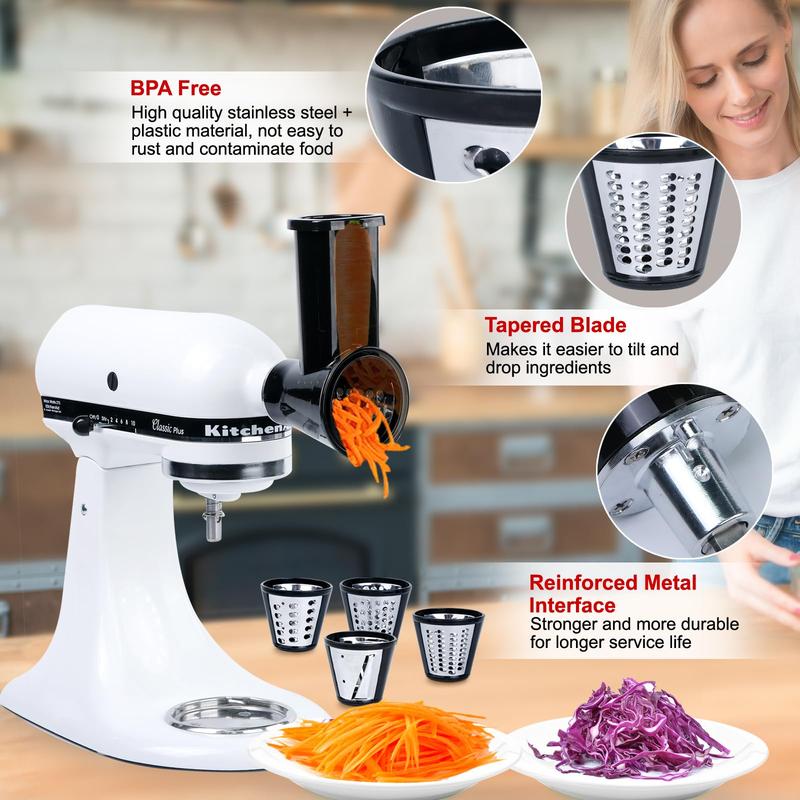 Product Introduction of KitchenAid Stand Mixer Attachment, 4 Counts/set Vegetable Chopper Attachment for KitchenAid Stand Mixer, Cheese Grater Attachment, Kitchen Appliance Parts 4