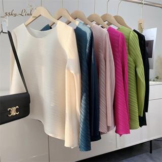 55KG.LINH- Áo thun lò xo tay dài cổ tròn, vạt xéo cách điệu, freesize co giãn nhiều dưới 70kg vừa