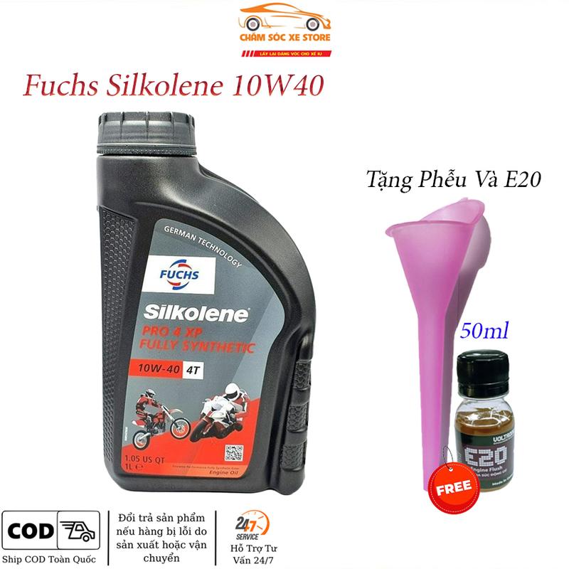 Dầu Nhớt Xe Máy Fuchs Silkolene Pro 4 10W40 dành cho xe số và côn tay kèm quà gồm phễu thay nhớt và súc động cơ E20 (Có Chiết Lẻ)