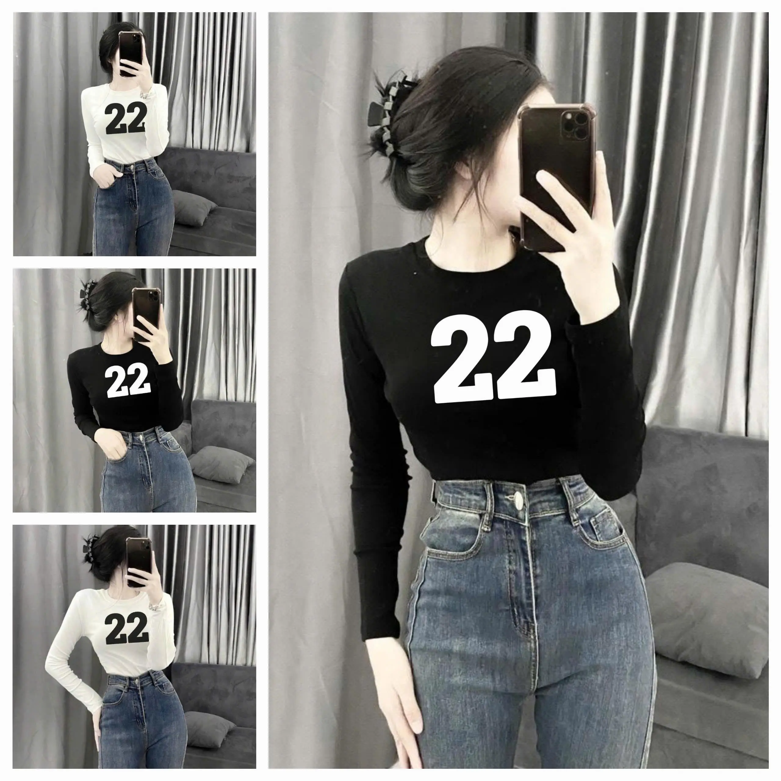 Áo Thun Nữ Cổ Tròn Ôm Body Tay Dài In Số 22 Phong Cách Hiện Đại ttslc77.22 - Top Nữ - Women